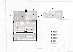 A detailed 2D architectural drawing of a compact restaurant interior layout showing various dining areas and functional zones