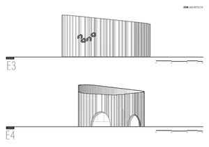 Elevation views of a modern building with a metal facade.