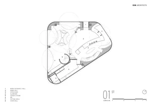 Floor plan of a modern architectural design on a white paper background.