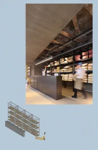 Industrial retail store with concrete shelving and metal accents