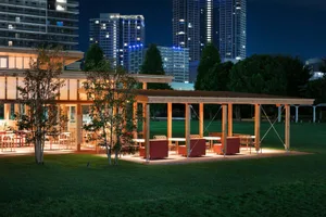 Minimalist park buildings constructed of wood.