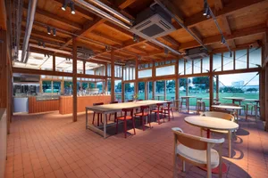 A modern cafeteria interior with wooden furniture and large windows