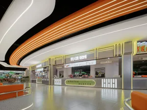A modern food court with minimalist design and metallic finishes.