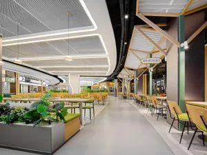 Contemporary restaurant with tables, chairs, and green plants