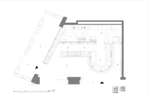 A detailed 2D architectural drawing of a modern restaurant interior featuring wood, concrete, and metal materials.