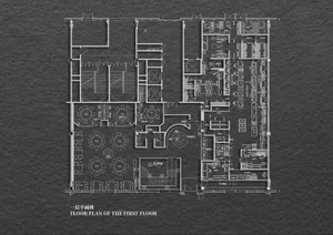 2D architectural drawing of an industrial-themed restaurant layout with concrete, metal, and glass materials.