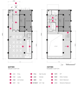 Detailed birdseye view blueprint of an office's first and mezzanine floors, marked with labels for various rooms and areas