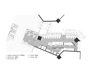 Floor plan of a restaurant with outdoor and indoor seating areas, a dessert area, and a kitchen.