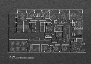 A detailed 2D architectural floor plan of a restaurant highlighting lighting fixtures and tables.