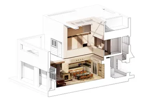 Modern interior house plan rendering with open concept living space