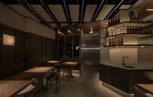 Modern industrial-style bar with metallic shelving, wooden furniture, and dark, minimalist design.