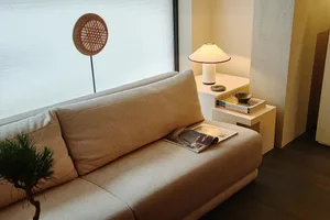 A modern neutral-tones living room with a beige sofa, a table lamp, and magazines.