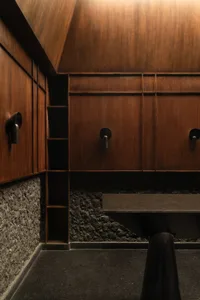 Modern bathroom with wooden walls and floor, featuring built-in shelves and minimalist lighting.