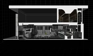 A detailed architectural floor plan of a modern restaurant interior.