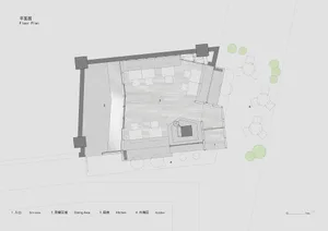 Floor plan of a wooden restaurant interior with seating areas, dining tables, and an outdoor seating area.