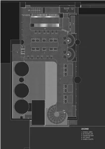 An architectural drawing of a restaurant's interior layout with sections labeled as dining area, in-house lab, omakase bar, l