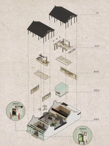 Floor plan of a modern interior design featuring wood and cement materials.
