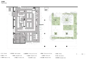 Floor plan of an office space featuring concrete, glass, and steel materials.