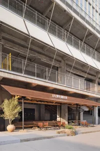 Concrete restaurant exterior with modern design elements