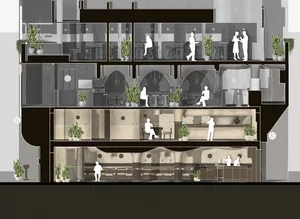 A cross-sectional view of a modern restaurant interior, featuring various seating arrangements, plants, and counter spaces.
