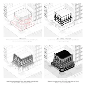 An image of a facade renovation showcasing precast concrete elements and stone textures.