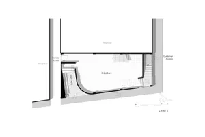 A modern kitchen designed with granite flooring and layout plan.