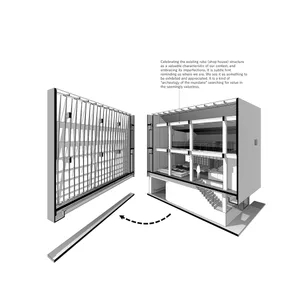 Lobby and storefront illustration with concrete walls and floor, showcasing design features
