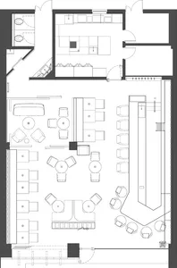 詳細的辦公室空間平面圖，展示各種家具配置、辦公桌與座位區域。