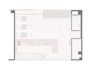 A minimalist restaurant floor plan with round tables and benches, neutral color palette, and a large open dining area.
