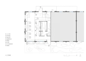 A detailed floor plan of a cafe bar, showing different zones such as entrance, seating, and kitchen areas.