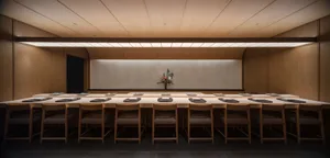 Modern minimalist restaurant interior featuring a long wooden table with place settings and a floral centerpiece.