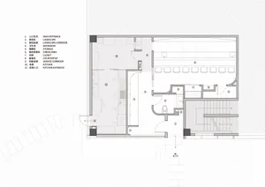 Modern restaurant's interior design, showcasing spacious dining area with tables and chairs, kitchen, storage, and service ar