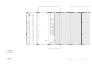 Floor plan of a multi-functional space with seating areas and a staircase.