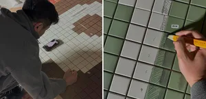 A person installing ceramic tiles onto a floor, with a focus on green and white tiles.