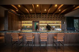 A modern bar with a wooden interior, featuring a counter, stools, and various bottles.