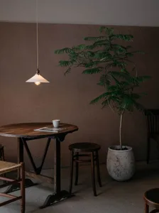 A cozy cafe interior featuring a wooden table, potted plant, and pendant light.