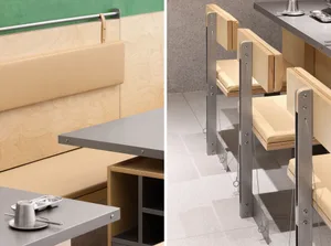 Modern industrial-style restaurant seating made of metal and wood.