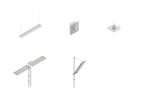 Isometric rendering of a lighting fixture suspended from a ceiling with a textile diffuser.