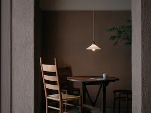 Minimalist cafe with wooden table and chairs, potted plant, and hanging light fixture.
