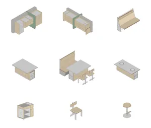 Minimalist furniture rendered on a white background, showcasing a variety of pieces including tables, chairs, and cabinets.