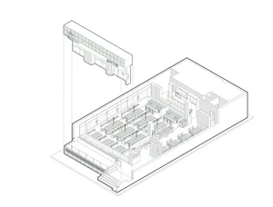 An isometric architectural drawing depicting a modern industrial-style office layout with light steel furniture.