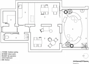 Detailed floor plan of a modern restaurant interior with outdoor seating, indoor seating, bar operation, bathroom, and kitche