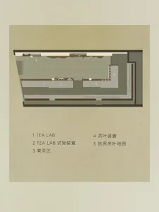 A modern tea shop layout with functional zones labeled as TEA LAB, TEA LAB试管装置, 果茶区, 茶叶装置, and 世界茶叶地图.