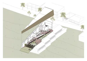 極簡建築圖展示木質材料的使用。