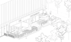 Urban public space featuring modern architecture with concrete, glass, and metal materials