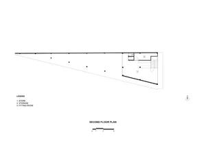 Second floor architectural plan of a commercial building, featuring a long rectangular space.
