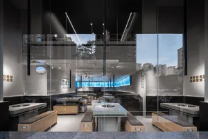 Contemporary restaurant interior with industrial design elements
