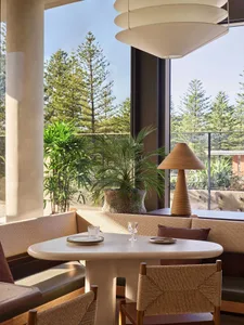 A modern restaurant interior with natural light, comfortable seating, and greenery.
