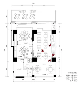 2nd floor restaurant space plan with tables, chairs, and functional zones labeled.