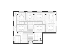 Floor plan of a commercial restaurant featuring wooden flooring.